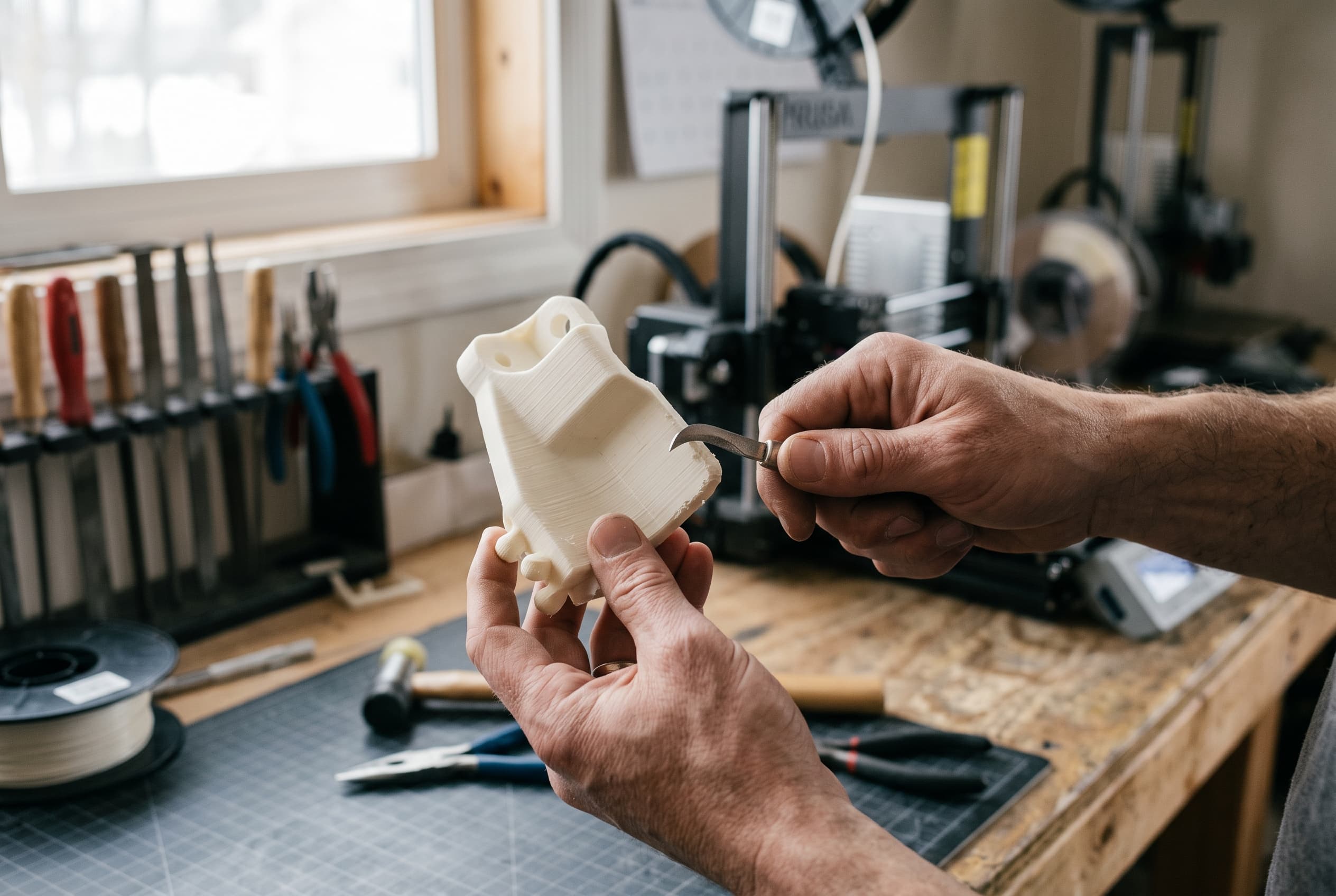 Un créateur tient d’une main une pièce imprimée en 3D de couleur crème et détache un support de son bord à l’aide d’un couteau de précision à lame crochue, à un établi devant une imprimante 3D et une bobine de filament